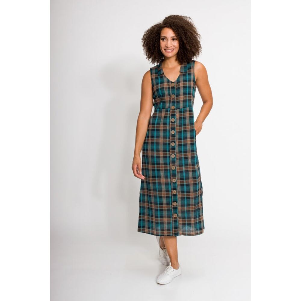 Ably Melody Sleeveless Gauze Dress Teal Combo Button Front Small Boho Plaid